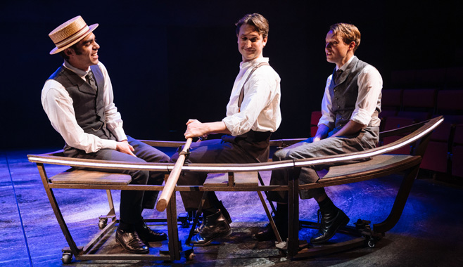 Seamus Dillane as Pollard, Ben Lloyd-Hughes as Jackons and Matthew Tennyson as Housman in The Invention of Love by Tom Stoppard at the Hampstead Theatre (Credit Helen Murray)