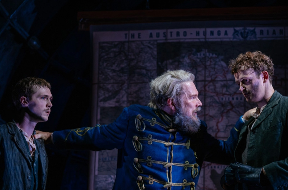 Gavrilo (Stanley Morgan), Captain (Marc Wootton) and Nedeljko (Chris Walley) in Archduke by Rajiv Joseph at the Royal Court Theatre (Credit Helen Murray)