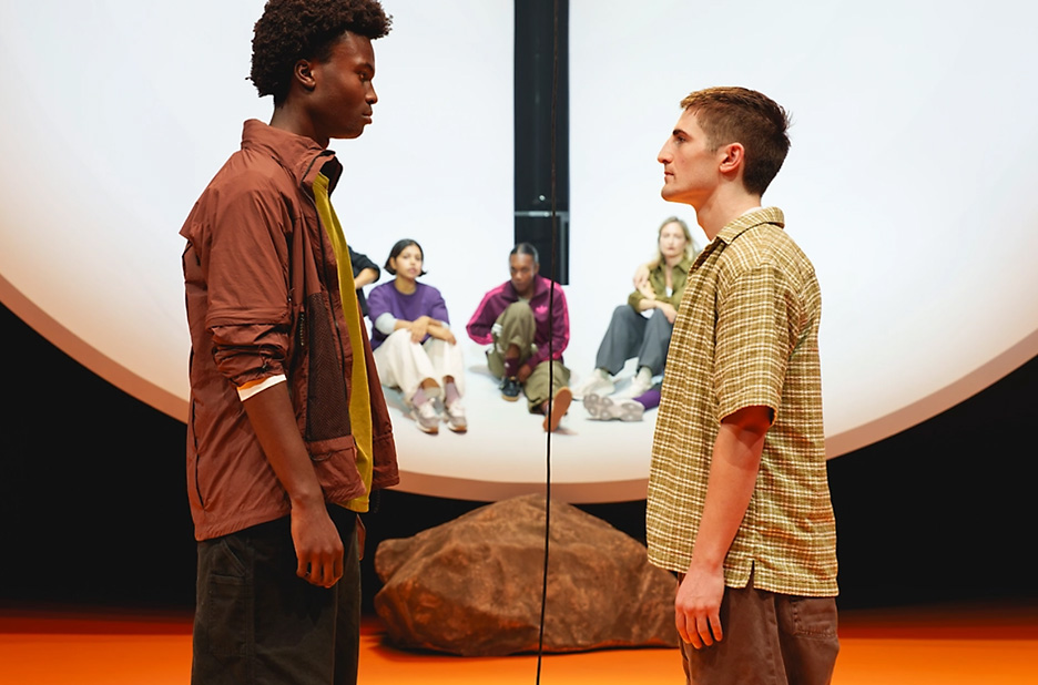 Testimony Adegbite as Polynices and Brandon Bassir as Eteocles in Antigone exits at Chichester Theatre (Credit Andy Paradise)